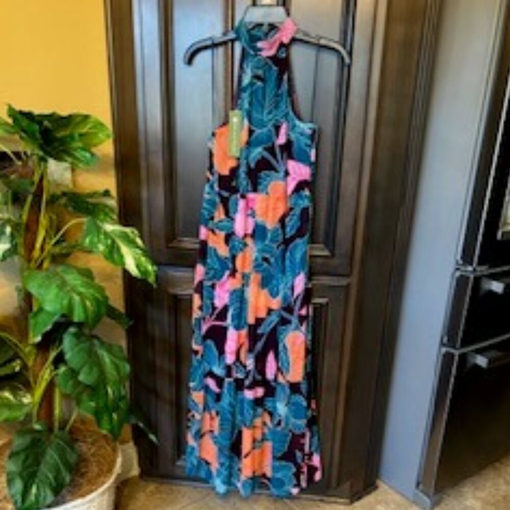 Trina Turk Sunglasses Floral Print Halter Neck Sleeveless Tiered Midi Dress